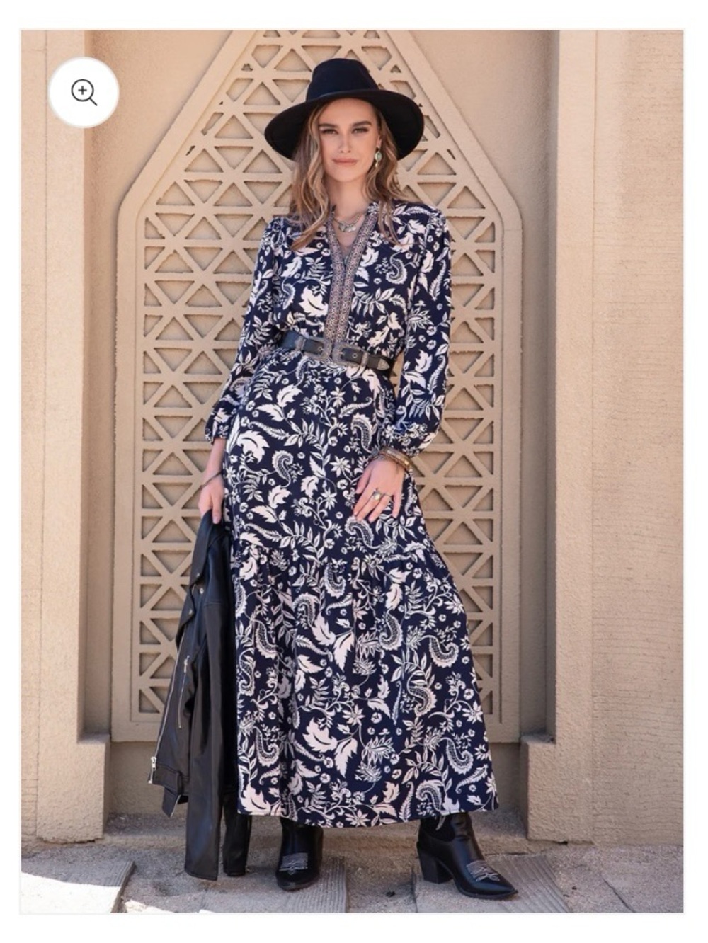 RusttyDustty Navy and Cream Floral Long Sleeve Prairie Boho Maxi Dress Medium